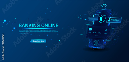 An application for online banking. Mobile phone payment with NFC technology and a high level of payment security. Protect the purchase of wireless payment via smartphone. digital payment technologies.