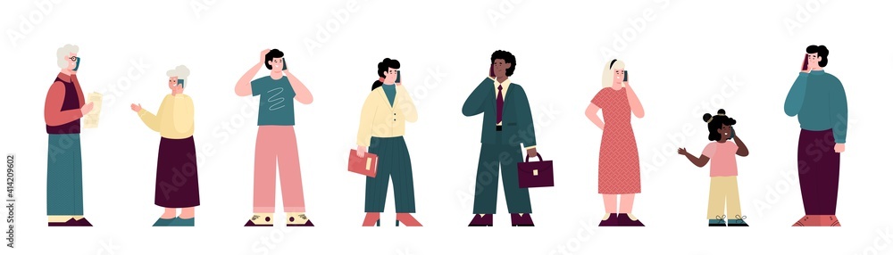 People talking on mobile phone. Conversation and communicating of cartoon characters via smartphone. Flat vector illustrations isolated on a white background. People talking on mobile phone. Conversation and communicating of cartoon characters via smartphone. Flat vector illustrations isolated on a white background.