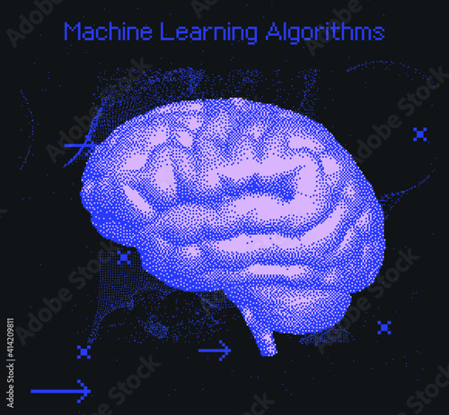 3D vector illustration of brain made of pixels and particles. Concept of neural network, neurology and neuroscience.