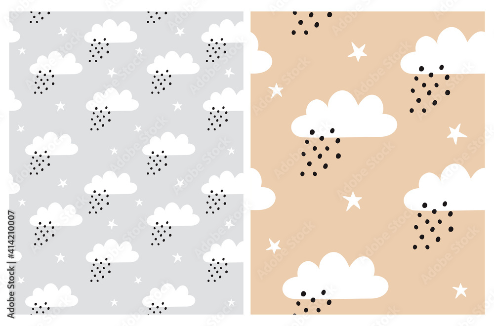 Seamless Vector Patterns with White Stars and Clouds on a Light Gray ...