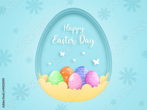 Happy Easter greeting card, poster,  Vector layered paper cut .Colorful Easter eggs