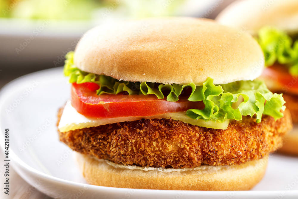 Mini Crispy Chicken Burger with Lettuce Tomato and Cheese. Mini Crispy Chicken Burger with Lettuce Tomato and Cheese.