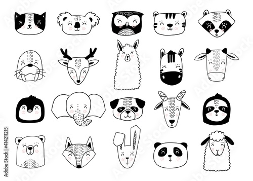 Scandinavian animals. Nordic cute animal set. Vector hand drawn panda, funny deer fox llama raccoon koala faces