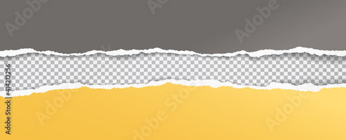 Torn, ripped yellow and dark grey paper strips with soft shadow are on squared background for text. Vector illustration