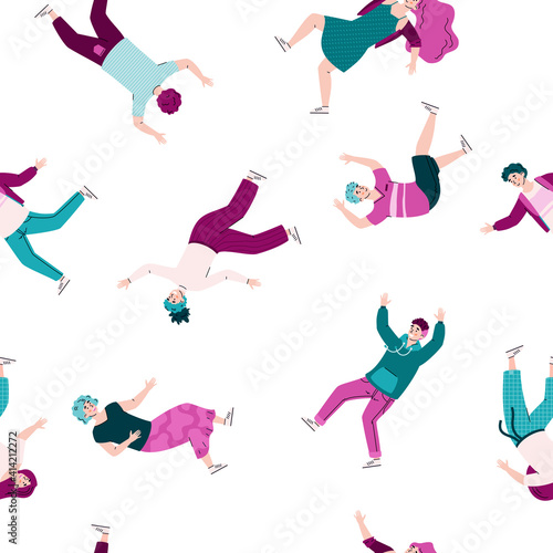 Men and women flying in air, space or sky, moving and floating with inspiration in imagination and dreams. Seamless pattern from falling people. Flat vector illustration on white