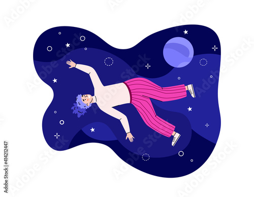 Girl inspiration floating in space with stars and planets. Inspired freedom happy female character flying and moving in night imagination and dreams. Vector colorful illustration