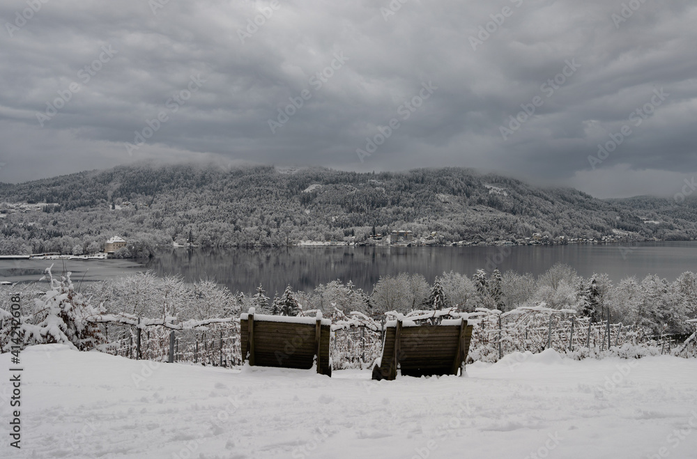 Snowy view  of lake Wörthersee