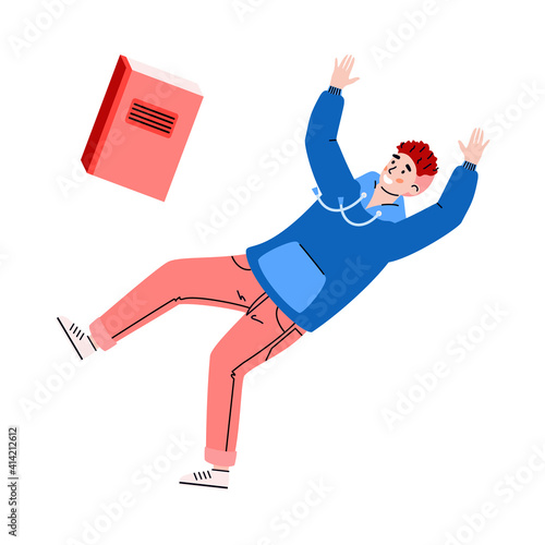 Inspired young man floating or falling with book. Student or literary fan who love to reading is flying and moving in imagination and dreams. Vector illustration isolated on white.