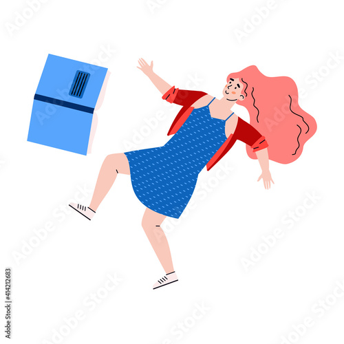 Young woman floating with opened book. Female student or literary fan inspired by love to reading is flying and moving in imagination, dreams. Vector illustration isolated on white