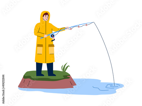 Fisherman in raincoat fishing from river bank with fish rod, cartoon vector illustration isolated on white background. Man catching fish in river or lake.