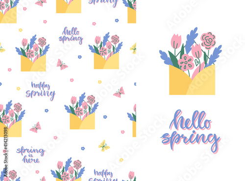 Cute spring seamless pattern with flowers, butterflies and text. Greeting card "Hello Spring". Vector illustration.