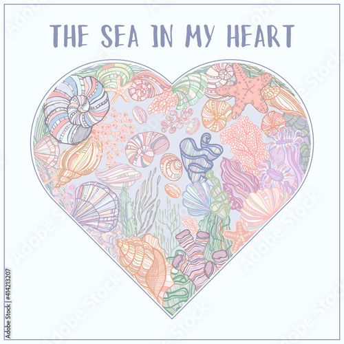Seashells, starfishs, mollusks, Coral and Algae vector frame. Flat graphic illustration. 	
