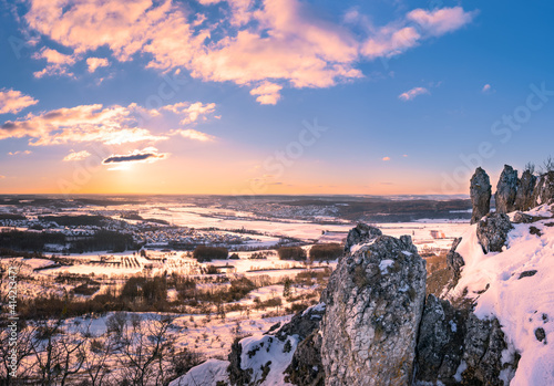 Panoramic view of winter landscape from mountain Walberla in Franconian Switzerland