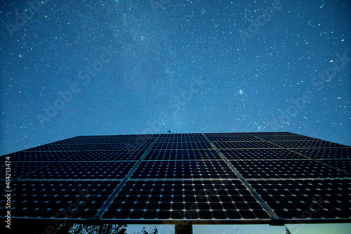 Solar panel and clean energy at night and milky way