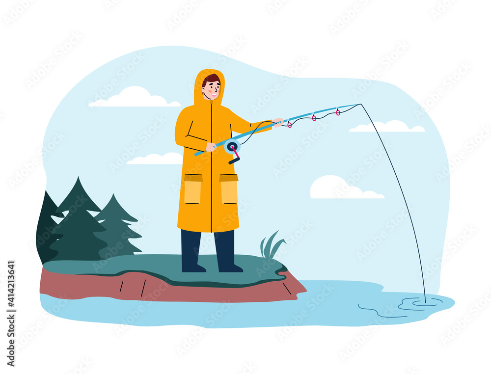 Fisherman catch fish standing on shore. Man in yellow raincoat holds fishing rod in water and waits for bite. Outdoor hobby, activity and leisure for fishers. Vector illustration