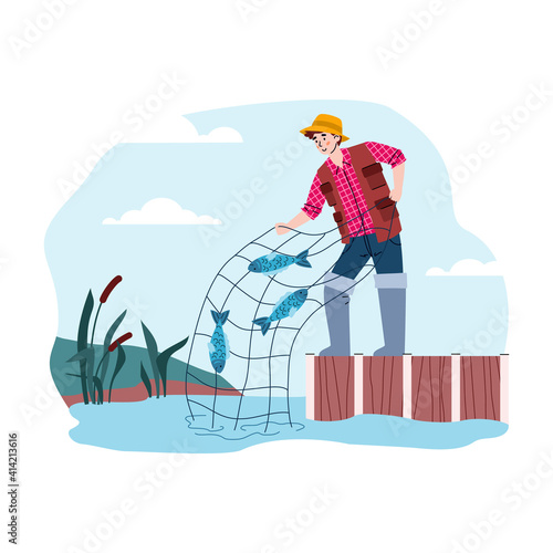 Happy fisherman pulls net with catch fish. Outdoor hobby, activity and leisure for fishers in fishing season. Vector flat illustration.