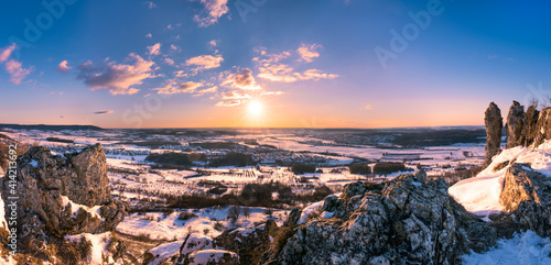 Panoramic view of winter landscape from mountain Walberla in Franconian Switzerland