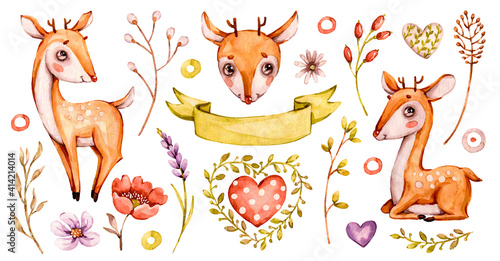 Cute baby deer. Vector Forest Watercolor nursery cartoon woodland animals deer, flowers leaves. Adorable Nurseries woodland set isolated on white background. Hand painted watercolour baby deer clipart