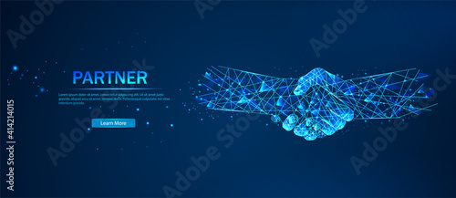 Partner. Business success concept. Polygonal wireframe composition. Technology and innovation in bussines. Abstract illustration isolated on a blue. Abstract handshake, business concept.
