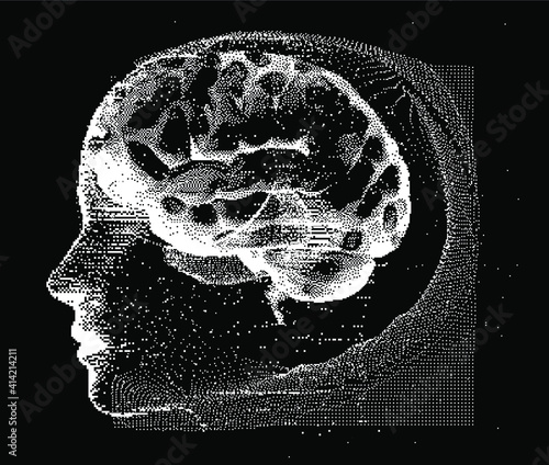3D Illustration Human Brain Anatomy made of Pixels and Particles For Neural network and Machine Learning concept. Sci-fi futuristic cyberpunk style.