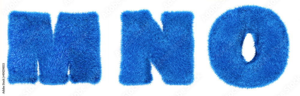 Teddy blue alphabet. Hair letters M, N, O. Blue fur in 3d render. Isolated background. Teddy blue alphabet. Hair letters M, N, O. Blue fur in 3d render. Isolated background.