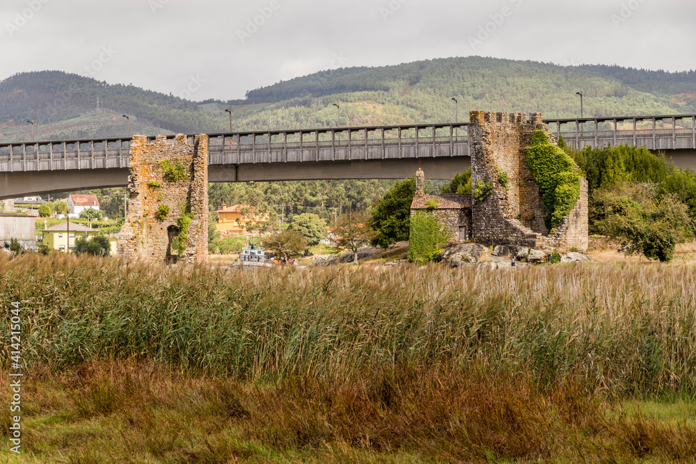 Naklejka premium Catoira, Spain. The Torres de Oeste (West Towers), a walled complex of ruined castles in Galicia surrounded by marshes