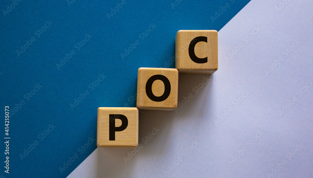 POC, proof of concept symbol. Wooden cubes with the word POC, proof of concept. Beautiful white and blue background. Business and POC, proof of concept concept, copy space. POC, proof of concept symbol. Wooden cubes with the word POC, proof of concept. Beautiful white and blue background. Business and POC, proof of concept concept, copy space.