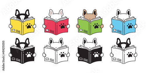 dog vector french bulldog icon reading book puppy pet paw character cartoon symbol scarf doodle illustration design