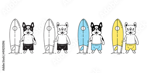 dog vector french bulldog icon surfboard ocean summer beach puppy pet paw character cartoon symbol scarf doodle illustration design