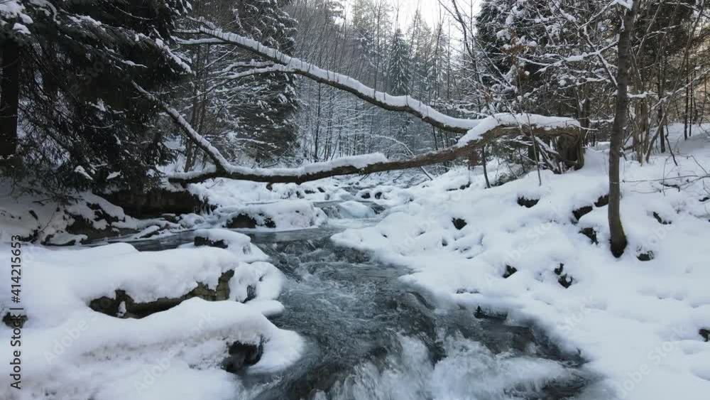Mountain river with waterfalls flowing through the winter forest in Bekidy Mountains, Poland Mountain river with waterfalls flowing through the winter forest in Bekidy Mountains, Poland