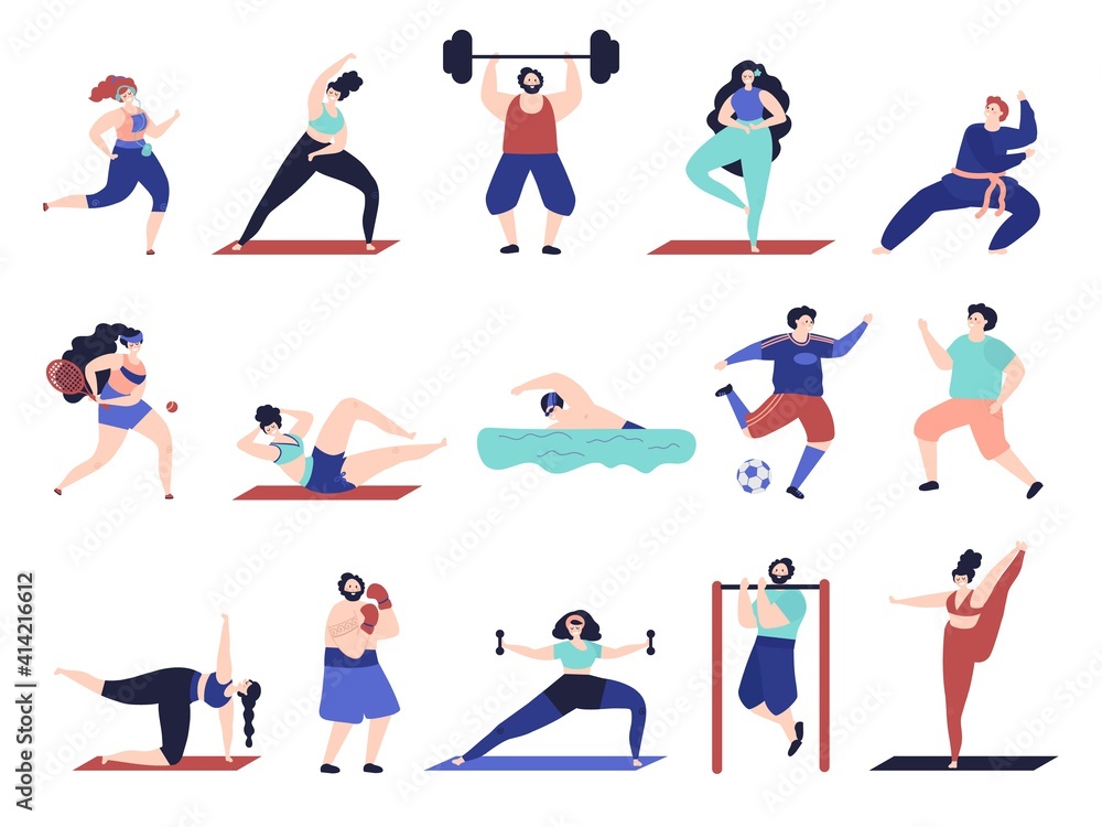People doing sport. Workout characters, active male female sport exercise. Flat friends training, tennis yoga jogging decent vector set. Fitness healthy, active stretching and training illustration