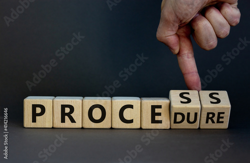 Process or procedure symbol. Businessman turns wooden cubes, changes a word 'process' to 'procedure'. Beautiful grey background. Business and process or procedure concept. Copy space.