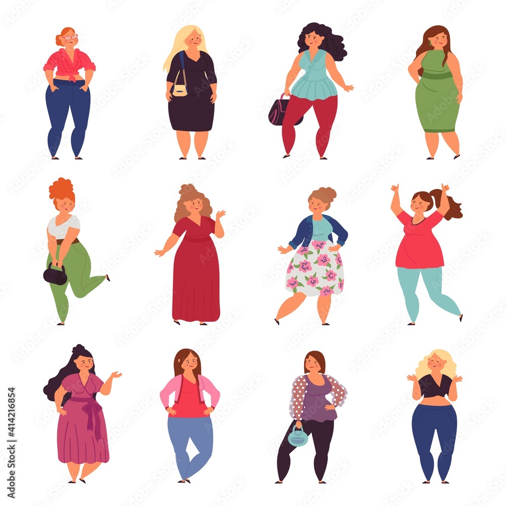 Plump woman. Plus size young people, fashion clothes for overweight big  girls. Isolated beautiful large female characters decent vector set.  Illustration plump body, young overweight people Stock Vector
