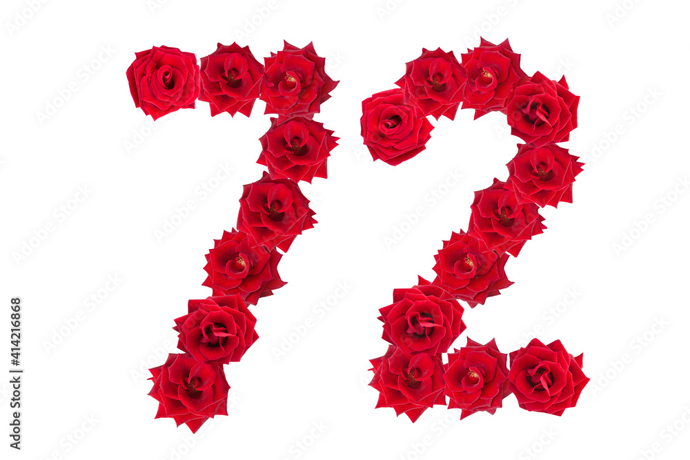 Numeral 72 made of red roses on a white isolated background. Element for decoration. seventy two. Red roses. Numeral 72 made of red roses on a white isolated background. Element for decoration. seventy two. Red roses.