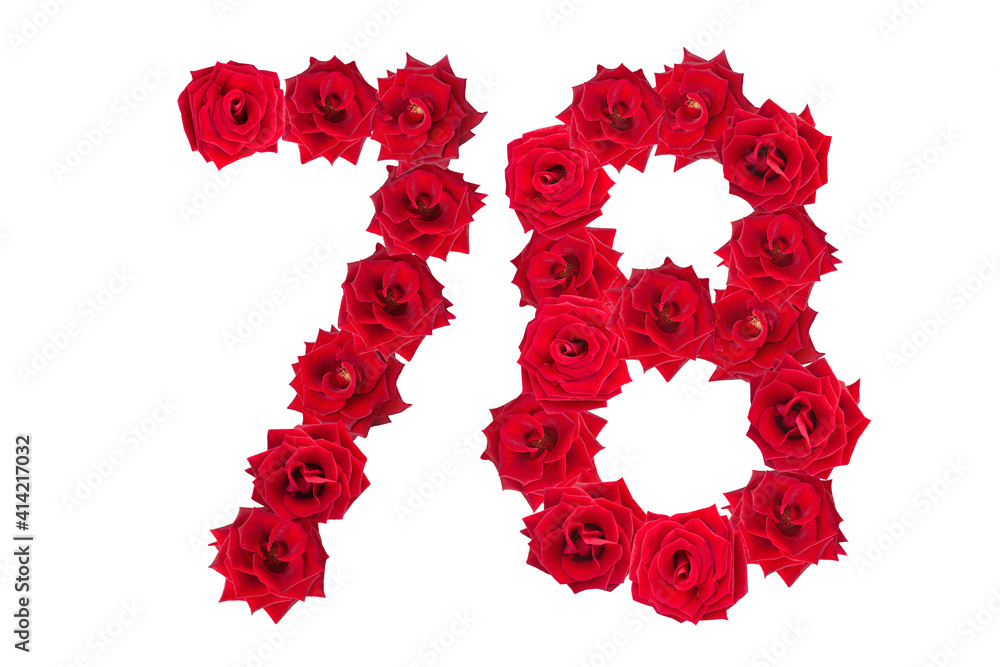 Numeral 78 made of red roses on a white isolated background. Element for decoration. seventy eight. Red roses. Numeral 78 made of red roses on a white isolated background. Element for decoration. seventy eight. Red roses.