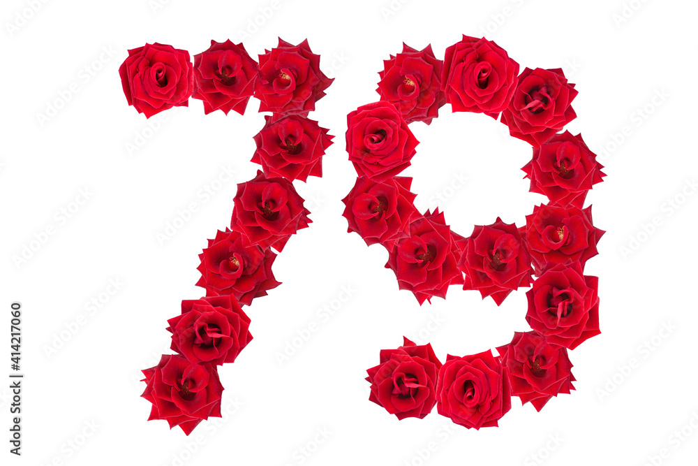 Numeral 79 made of red roses on a white isolated background. Element for decoration. seventy nine. Red roses.