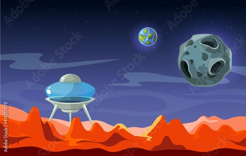 Mars landscape. Colonization, alien space background. View from red planet on Earth and moon cartoon vector illustration. Landscape mars colonization, surface planet