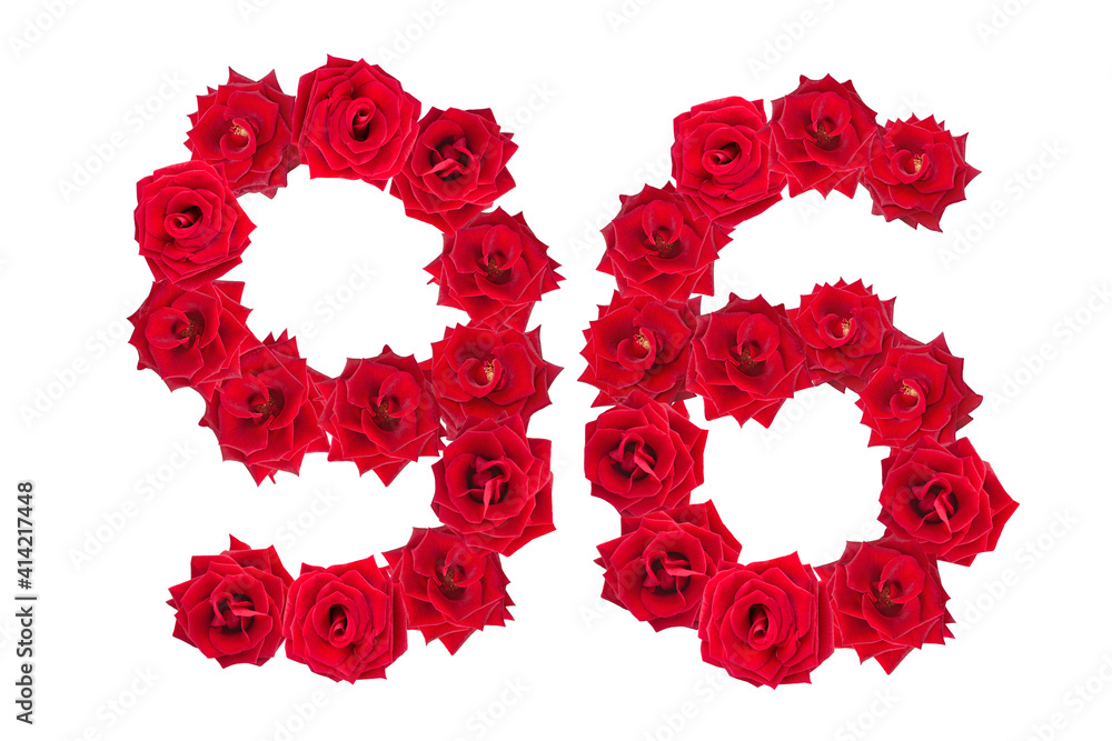 Numeral 96 made of red roses on a white isolated background. Element for decoration. ninety six. Red roses.