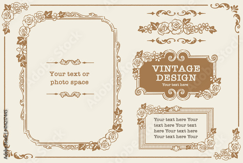 アンティークなお花の装飾フレーム、飾り罫、オーナメントのベクターセット。フォトフレームなどに。