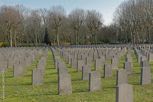 Field with rows of anonymous soldier graves in Westerbegraafplaats cemetery, Ghent photo