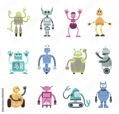 Cartoon robots characters. Mechanical robot, retro toy monsters. Cute kids friends, automation cyborgs and androids decent vector collection. Illustration android cyborg character mascot