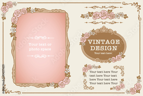アンティークなお花の装飾フレーム、飾り罫、オーナメントのベクターセット。フォトフレームなどに。
