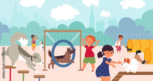 Dog playground. Pets walk, dogs owners on city park. Cartoon puppy friends characters, fun guy coaching animal outdoor decent vector concept. Area to animal outdoor train illustration