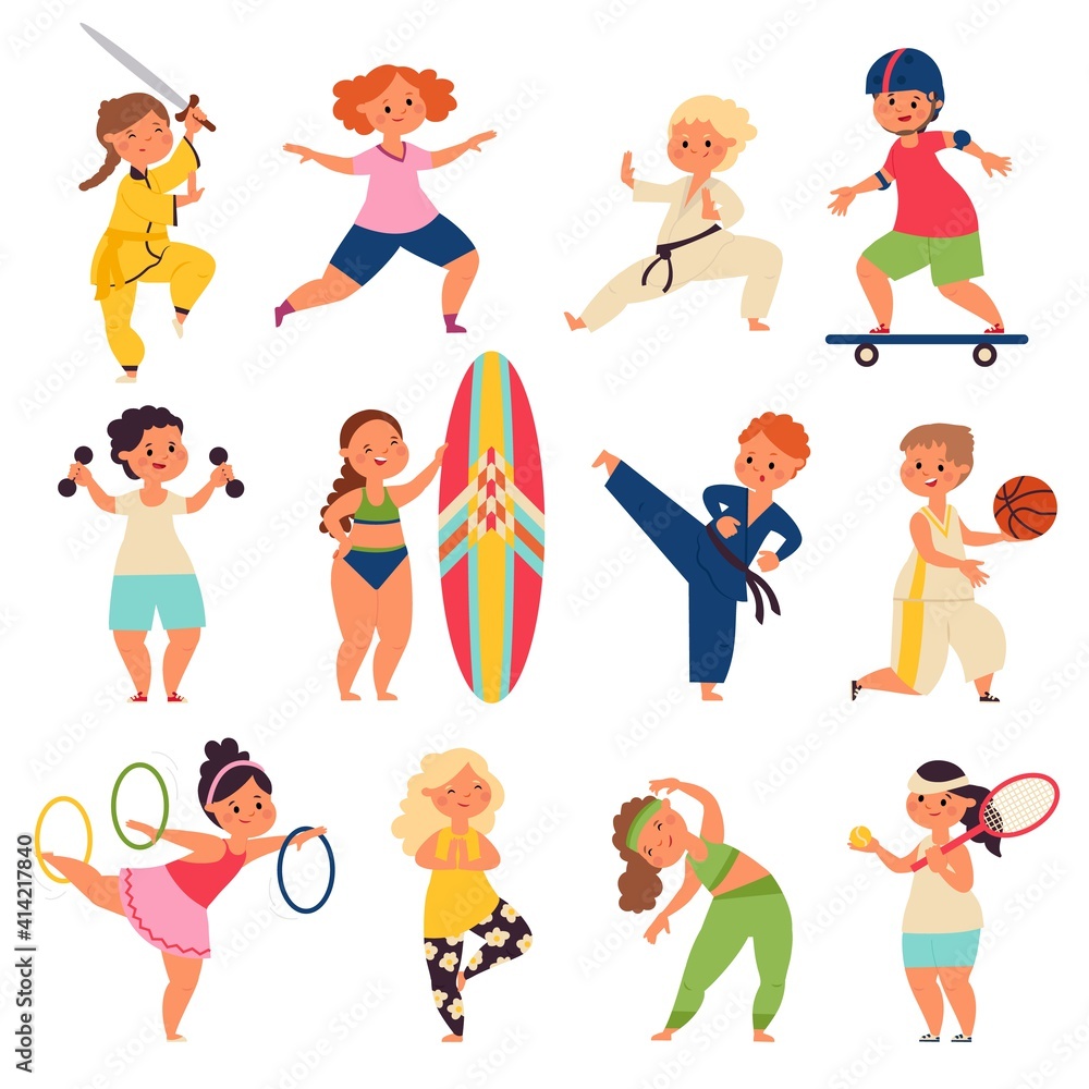 Kids sport characters. Happy kid play, children activities exercises. School boy playing football, isolated funny active decent vector set. Sport girl boy, character activity exercise illustration Kids sport characters. Happy kid play, children activities exercises. School boy playing football, isolated funny active decent vector set. Sport girl boy, character activity exercise illustration
