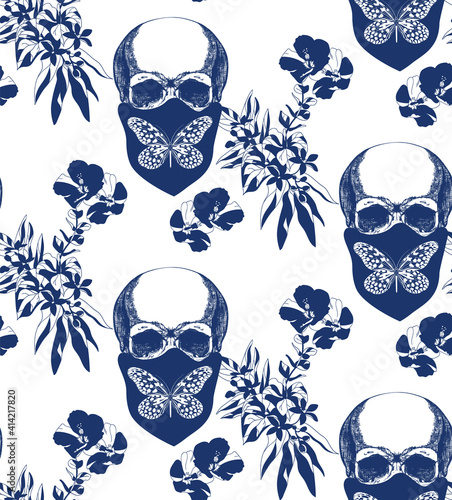 Vintage blue skull in bandana with flowers seamless pattern	
