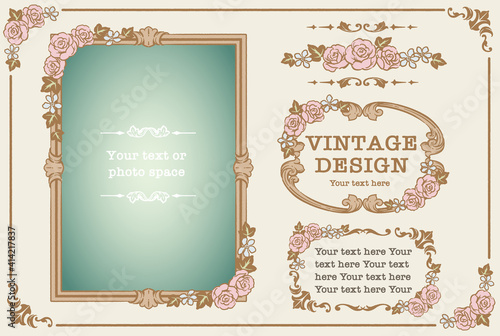 アンティークなお花の装飾フレーム、飾り罫、オーナメントのベクターセット。フォトフレームなどに。