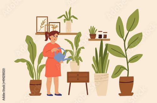 Gardening hobby. Girl at home greenhouse, little toddler care about plants in pot. Little character with watering can vector illustration. Greenhouse hobby, gardening botanical