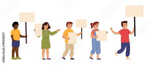 Kids with placards. Cute children demonstration, meeting with empty banners. Young activists, cartoon flat kindergarten or school vector characters. Child with blank placard, boy and girl illustration