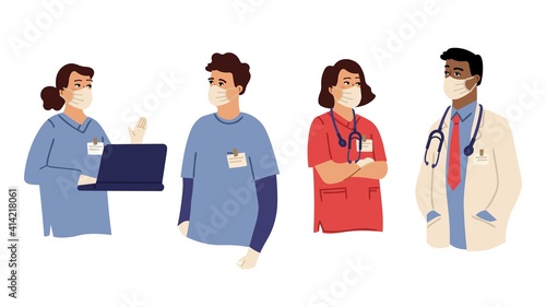 Medical staff wear ppe. Protective mask and gloves, doctor and nurse characters. Health care, flu protection vector set. Medical uniform and face mask