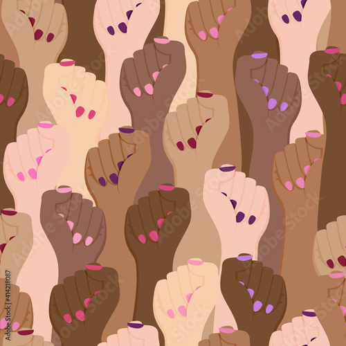 Diverse woman hand raised up seamless pattern
